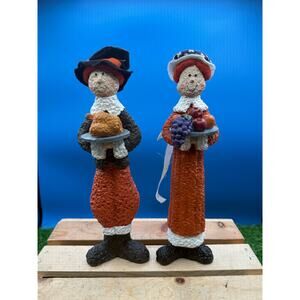 Primitive Folk Art Pilgrim Couple – Thanksgiving Harvest Figurines - 10” Tall